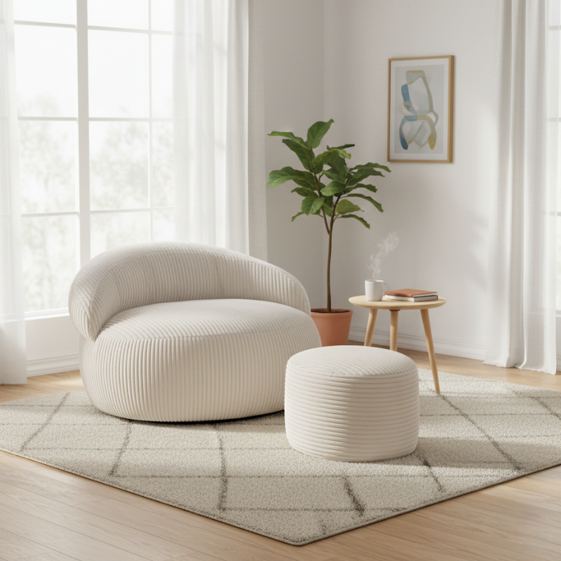 Pouf XXL en Velours côtelé 110 x 100 cm et repose-pieds