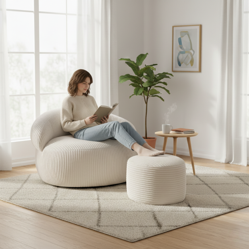 Pouf XXL déhoussable et repose-pieds en velours côtelé assorti