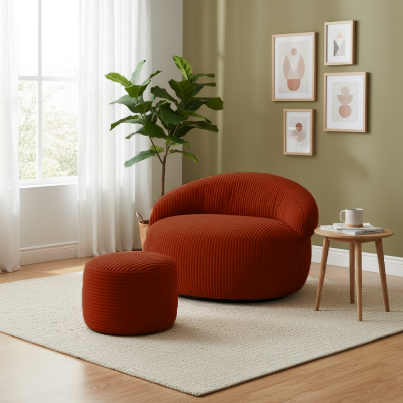 Pouf XXL en Velours côtelé 110 x 100 cm et repose-pieds