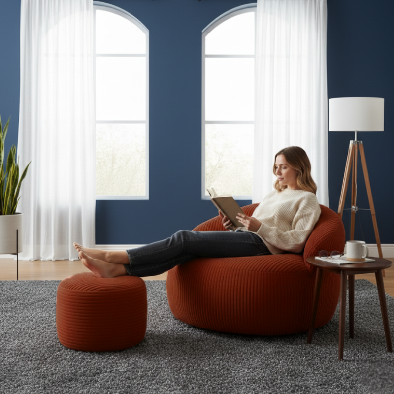 Pouf XXL en Velours côtelé 110 x 100 cm et repose-pieds