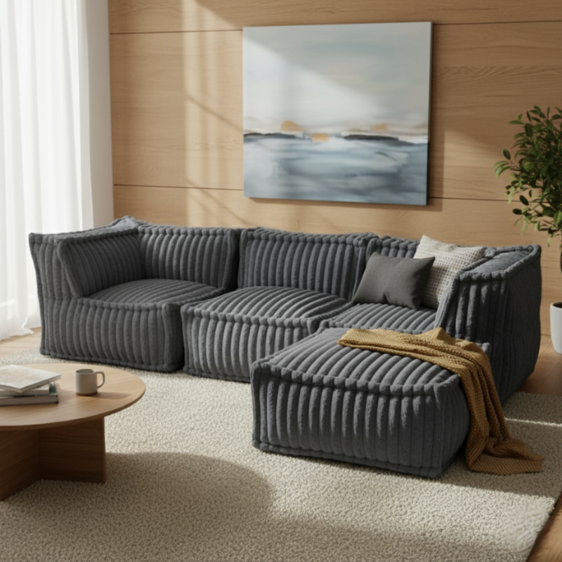 Pouf méridienne pour canapé modulable en fourrure côtelée