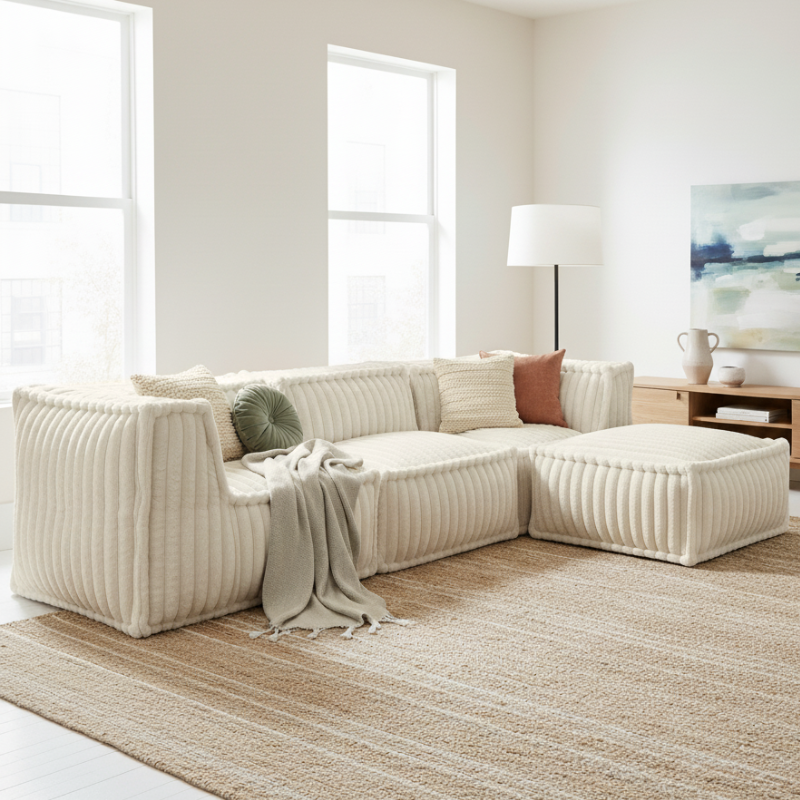 Pouf méridienne pour canapé modulable en fourrure côtelée