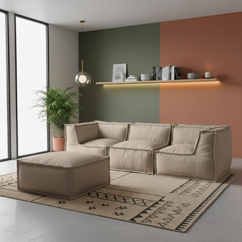 Pouf méridienne pour canapé modulable en effet lin 80x60x38 cm