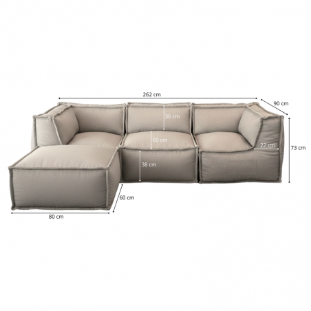 Canapé modulable 4 places avec méridienne en effet lin 90x262 cm