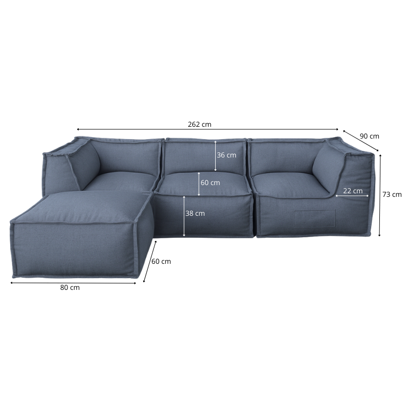 Canapé modulable 4 places avec méridienne en effet lin 90x262 cm