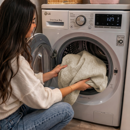 femme mettant une housse dans la machine à laver