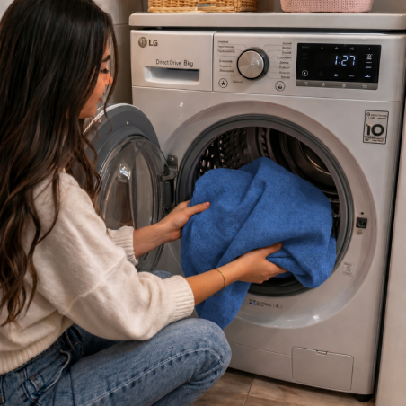femme mettant une housse dans la machine à laver