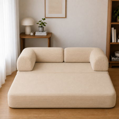 Canapé lit modulable en velours côtelé dans un salon