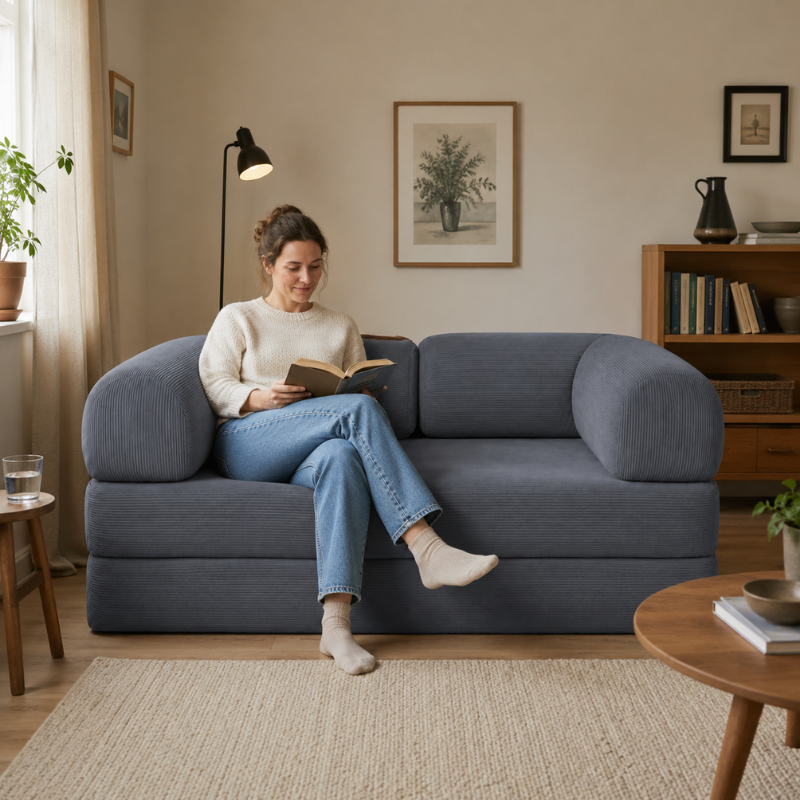 femme assise sur un canapé lit modulable en velours côtelé